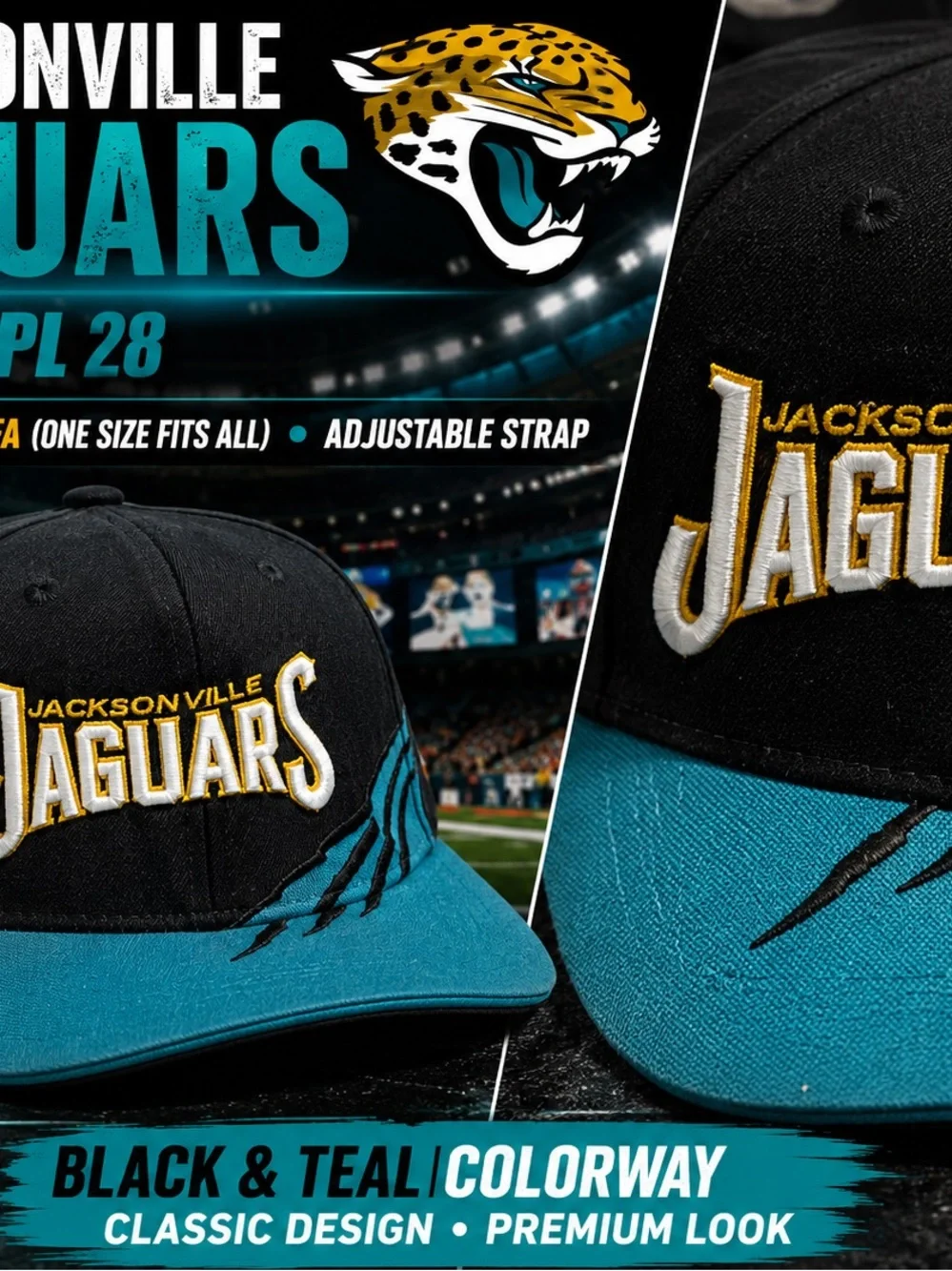 Jacksonville Jaguars SPL 28 NFL Hat Black Teal Embroidered Logo OSFA Cotton